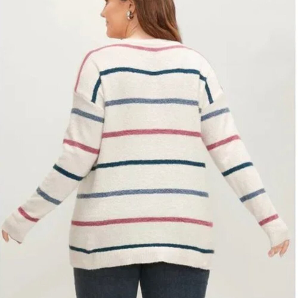 BloomChic Striped Contrast Super Soft Knit V Neck Fluffy Knit Top - Picture 3 of 11